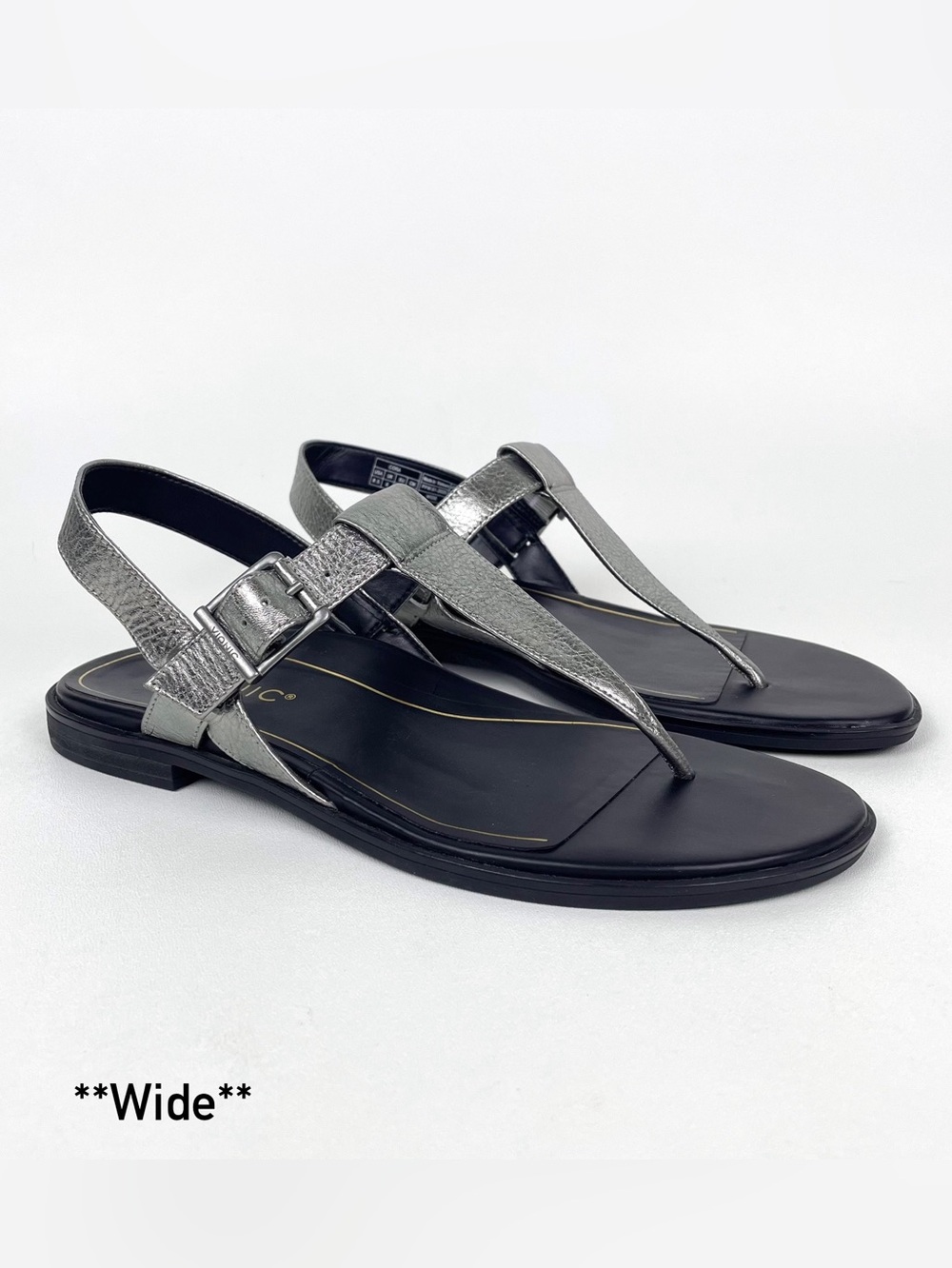 Vionic Cora Sandal Womens 8.5 Wide Pewter Leather Thong Toe Post T-strap Flat